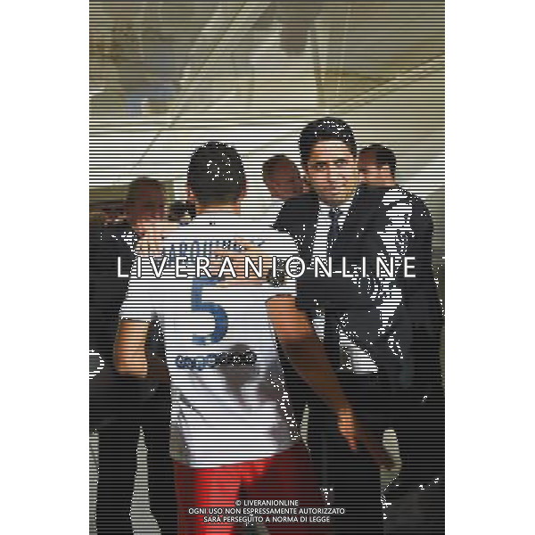 Joie PSG Champion - MARQUINHOS / Nasser AL KHELAIFI - 16.05.2015 - Montpellier / Paris Saint Germain - 37eme journee de Ligue 1 Photo : Alexandre Dimou / Icon Sport AG ALDO LIVERANI SAS ONLY ITALY