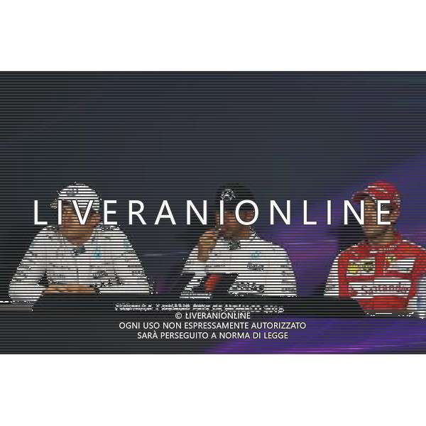 Qualifying top three in the FIA Press Conference (L to R): Nico Rosberg (GER) Mercedes AMG F1, second; Lewis Hamilton (GBR) Mercedes AMG F1, pole position; Sebastian Vettel (GER) Ferrari, third. 23.05.2015. Formula 1 World Championship, Rd 6, Monaco Grand Prix, Monte Carlo, Monaco, Qualifying Day AG ALDO LIVERANI SAS ONLY ITALY