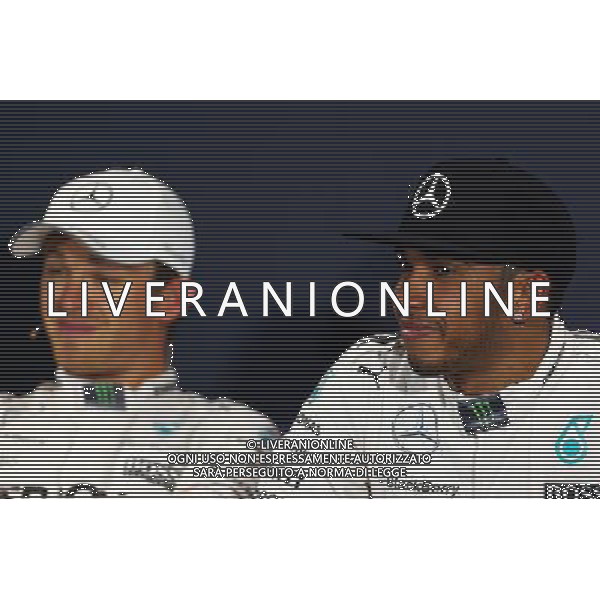 Lewis Hamilton (GBR) Mercedes AMG F1 and team mate Nico Rosberg (GER) Mercedes AMG F1 in the FIA Press Conference. 23.05.2015. Formula 1 World Championship, Rd 6, Monaco Grand Prix, Monte Carlo, Monaco, Qualifying Day AG ALDO LIVERANI SAS ONLY ITALY