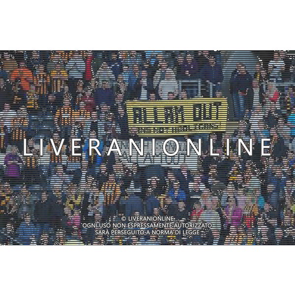 Hull City fans hold up Allam Out banners as their sides relegation from the Barclays Premiership is confirmed Photographer Chris Vaughan/CameraSport Football - Barclays Premiership - Hull City v Manchester United - Sunday 24th May 2015 - Kingston Communications Stadium - Hull © CameraSport - 43 Linden Ave. Countesthorpe. Leicester. England. LE8 5PG - Tel: +44 (0) 116 277 4147 - admin@camerasport.com - www.camerasport.com AG ALDO LIVERANI SAS ONLY ITALY