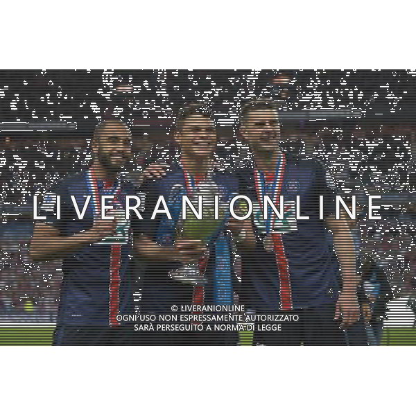 Joie PSG - Lucas Moura / Thiago Silva / Thiago Motta - 30.05.2015 - Auxerre / Paris Saint Germain - Finale Coupe de France Photo : Andre Ferreira / Icon Sport AG ALDO LIVERANI SAS ONLY ITALY