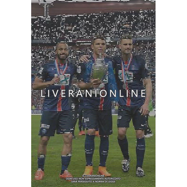Joie PSG - Lucas Moura / Thiago Silva / Thiago Motta - 30.05.2015 - Auxerre / Paris Saint Germain - Finale Coupe de France Photo : Andre Ferreira / Icon Sport AG ALDO LIVERANI SAS ONLY ITALY