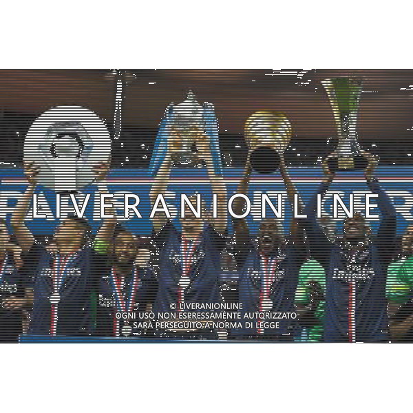 Joie PSG - Thiago Silva / Lucas MOURA / Blaise MATUIDI / Zoumana CAMARA - 30.05.2015 - Auxerre / Paris Saint Germain - Finale Coupe de France Photo : Andre Ferreira / Icon Sport AG ALDO LIVERANI SAS ONLY ITALY