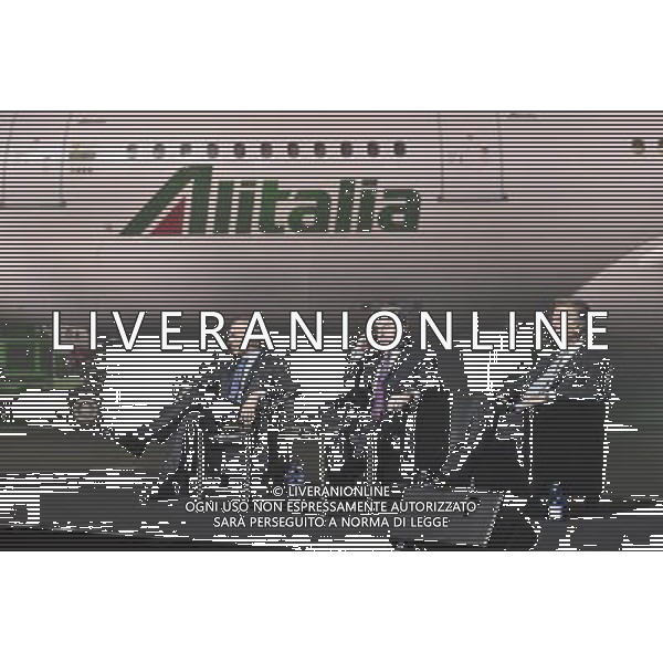 Presentazione del nuovo Brand, della nuova immagine e dei nuovi servizi Alitalia all\'Aeroporto Internazionale \'Leonardo Da Vinci\' Hangar 7, Fiumicino Roma 04 giugno 2015 nella foto Silvano Cassano amministratore delegato, James Hogan Vice Presidente e Luca Cordero di Montezemolo Presidente ©Corradetti/AGENZIA ALDO LIVERANI Sas