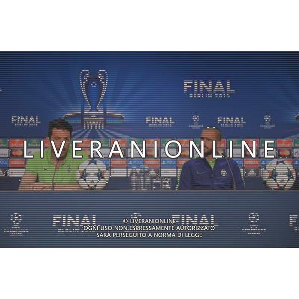 BERLIN, GERMANY - JUNE 05: In this handout image provided by UEFA, Gianluigi Buffon (L) and Leonardo Bonucci talk during a Juventus press conference on the eve of the UEFA Champions League Final match against FC Barcelona at Olympiastadion on June 5, 2015 in Berlin, Germany. (Photo by UEFA/UEFA) Gianluigi Buffon; Leonardo Bonucci/Agenzia Aldo Liverani s.a.s. *** Local Caption ***