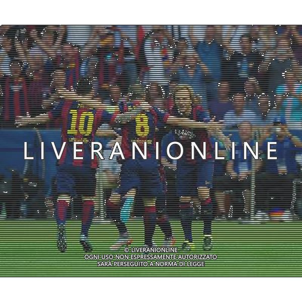 Barcelona\'s Ivan Rakitic, right, celebrates scoring the opening goal with team-mates Lionel Messi, left and Andres Iniesta Photographer Chris Vaughan/CameraSport Football - UEFA Champions League Final - Juventus v Barcelona - Saturday 6th June 2015 - Olympiastadion - Berlin, Germany © CameraSport - 43 Linden Ave. Countesthorpe. Leicester. England. LE8 5PG - Tel: +44 (0) 116 277 4147 - admin@camerasport.com - www.camerasport.com /AGENZIA ALDO LIVERANI Sas - ITALY ONLY - EDITORIAL USE ONLY - Juventus - Barcellona UEFA Champions League 2014/2015 Finale Berlino - 06.06.2015