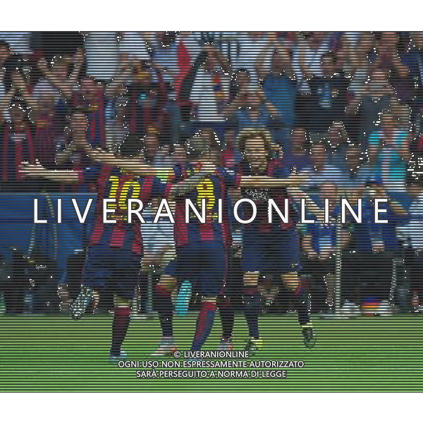 Barcelona\'s Ivan Rakitic, right, celebrates scoring the opening goal with team-mates Lionel Messi, left and Andres Iniesta Photographer Chris Vaughan/CameraSport Football - UEFA Champions League Final - Juventus v Barcelona - Saturday 6th June 2015 - Olympiastadion - Berlin, Germany © CameraSport - 43 Linden Ave. Countesthorpe. Leicester. England. LE8 5PG - Tel: +44 (0) 116 277 4147 - admin@camerasport.com - www.camerasport.com /AGENZIA ALDO LIVERANI Sas - ITALY ONLY - EDITORIAL USE ONLY - Juventus - Barcellona UEFA Champions League 2014/2015 Finale Berlino - 06.06.2015