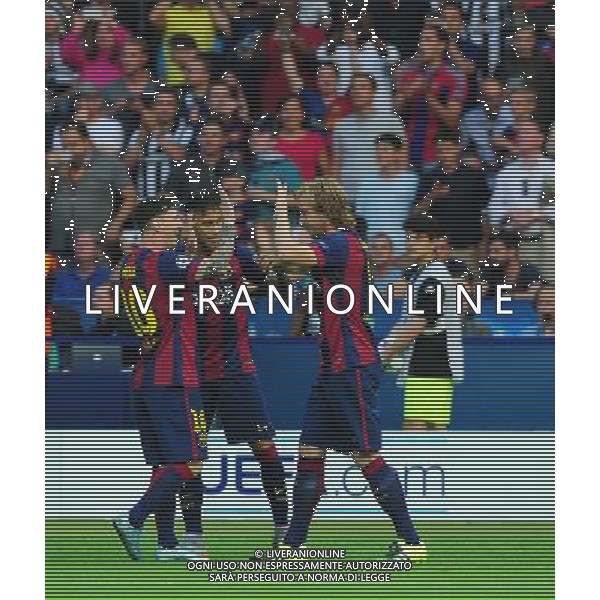 Barcelona\'s Ivan Rakitic, right, celebrates scoring the opening goal with team-mates Lionel Messi, left and Neymar Photographer Chris Vaughan/CameraSport Football - UEFA Champions League Final - Juventus v Barcelona - Saturday 6th June 2015 - Olympiastadion - Berlin, Germany © CameraSport - 43 Linden Ave. Countesthorpe. Leicester. England. LE8 5PG - Tel: +44 (0) 116 277 4147 - admin@camerasport.com - www.camerasport.com /AGENZIA ALDO LIVERANI Sas - ITALY ONLY - EDITORIAL USE ONLY - Juventus - Barcellona UEFA Champions League 2014/2015 Finale Berlino - 06.06.2015