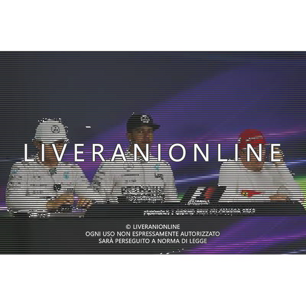Qualifying top three in the FIA Press Conference (L to R): Nico Rosberg (GER) Mercedes AMG F1, second; Lewis Hamilton (GBR) Mercedes AMG F1, pole position; Kimi Raikkonen (FIN) Ferrari, third. 06.06.2015. Formula 1 World Championship, Rd 7, Canadian Grand Prix, Montreal, Canada, Qualifying Day. /AGENZIA ALDO LIVERANI Sas - ITALY ONLY - EDITORIAL USE ONLY - Prove ufficiali