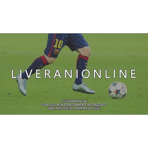 A close up of the boots belonging to Barcelona\'s Lionel Messi Photographer Chris Vaughan/CameraSport Football - UEFA Champions League Final - Juventus v Barcelona - Saturday 6th June 2015 - Olympiastadion - Berlin, Germany © CameraSport - 43 Linden Ave. Countesthorpe. Leicester. England. LE8 5PG - Tel: +44 (0) 116 277 4147 - admin@camerasport.com - www.camerasport.com /AGENZIA ALDO LIVERANI Sas - ITALY ONLY - EDITORIAL USE ONLY - Juventus - Barcellona UEFA Champions League 2014/2015 Finale Berlino - 06.06.2015