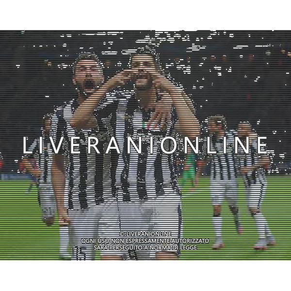 Juventus\' Alvaro Morata, right, celebrates scoring his sides equalising goal to make the score 1-1, with team-mate Andrea Barzagli Photographer Chris Vaughan/CameraSport Football - UEFA Champions League Final - Juventus v Barcelona - Saturday 6th June 2015 - Olympiastadion - Berlin, Germany © CameraSport - 43 Linden Ave. Countesthorpe. Leicester. England. LE8 5PG - Tel: +44 (0) 116 277 4147 - admin@camerasport.com - www.camerasport.com /AGENZIA ALDO LIVERANI Sas - ITALY ONLY - EDITORIAL USE ONLY - Juventus - Barcellona UEFA Champions League 2014/2015 Finale Berlino - 06.06.2015