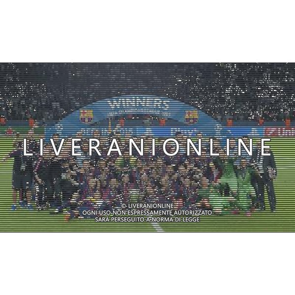 Barcelona\'s players pose for photographs with the Champions League Trophy Photographer Chris Vaughan/CameraSport Football - UEFA Champions League Final - Juventus v Barcelona - Saturday 6th June 2015 - Olympiastadion - Berlin, Germany Â© CameraSport - 43 Linden Ave. Countesthorpe. Leicester. England. LE8 5PG - Tel: +44 (0) 116 277 4147 - admin@camerasport.com - www.camerasport.com AG ALDO LIVERANI SAS ONLY ITALY