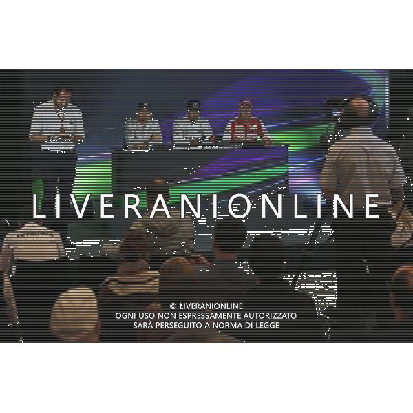 The post qualifying FIA Press Conference (L to R): Nico Rosberg (GER) Mercedes AMG F1, second; Lewis Hamilton (GBR) Mercedes AMG F1, pole position; Sebastian Vettel (GER) Ferrari, third. 20.06.2015. Formula 1 World Championship, Rd 8, Austrian Grand Prix, Spielberg, Austria, Qualifying Day. /AGENZIA ALDO LIVERANI Sas - ITALY ONLY - EDITORIAL USE ONLY - Prove Ufficiali