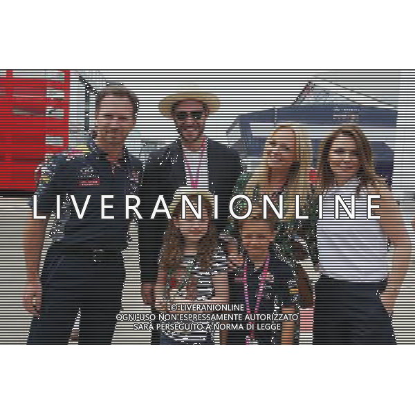 (L to R): Christian Horner (GBR) Red Bull Racing Team Principal with Will Young (GBR) Singer; Emma Bunton (GBR) Singer; Geri Halliwell (GBR) Singer with daughter Bluebell and Beau Jones. 05.07.2015. Formula 1 World Championship, Rd 9, British Grand Prix, Silverstone, England, Race Day. AG ALDO LIVERANI SAS ONLY ITALY