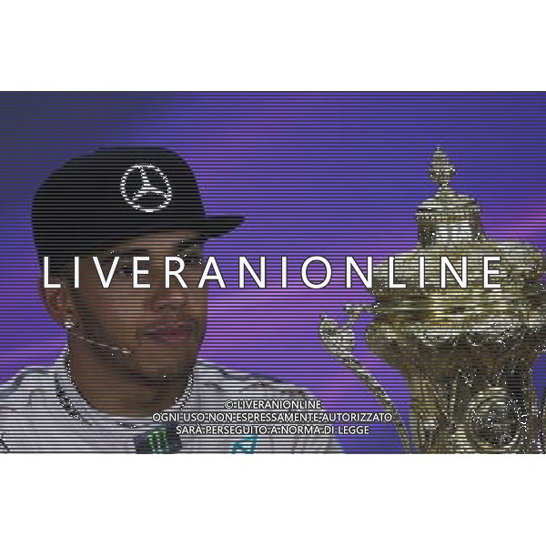Race winner Lewis Hamilton (GBR) Mercedes AMG F1 in the FIA Press Conference with his race trophy. 05.07.2015. Formula 1 World Championship, Rd 9, British Grand Prix, Silverstone, England, Race Day. AG ALDO LIVERANI SAS ONLY ITALY