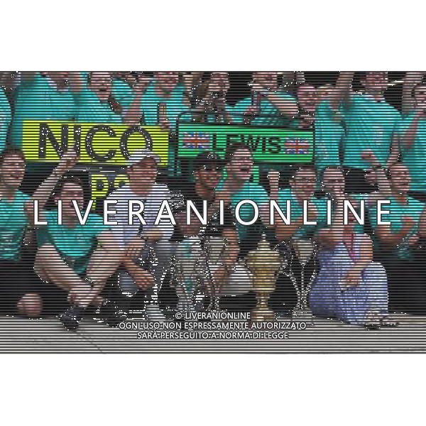 Race winner Lewis Hamilton (GBR) Mercedes AMG F1 celebrates with team mate Nico Rosberg (GER) Mercedes AMG F1, his mother Carmen Lockhart (GBR), and the team. 05.07.2015. Formula 1 World Championship, Rd 9, British Grand Prix, Silverstone, England, Race Day. AG ALDO LIVERANI SAS ONLY ITALY