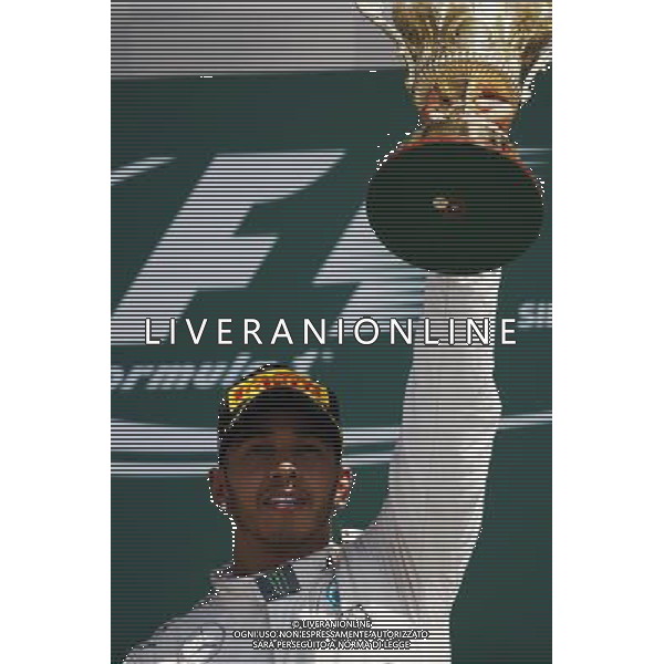 Race winner Lewis Hamilton (GBR) Mercedes AMG F1 celebrates on the podium. 05.07.2015. Formula 1 World Championship, Rd 9, British Grand Prix, Silverstone, England, Race Day. AG ALDO LIVERANI SAS ONLY ITALY
