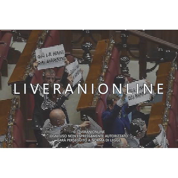Roma - 09/07/2015 - Montecitorio - Voto finale sul disegno di legge di riforma della scuola - nella foto: Proteste dei deputati della Lega Nord con i cartelli con scritto Giu\' le mani dai bambini / Ph. Fabrizio Corradetti - Ag. Aldo Liverani Sas