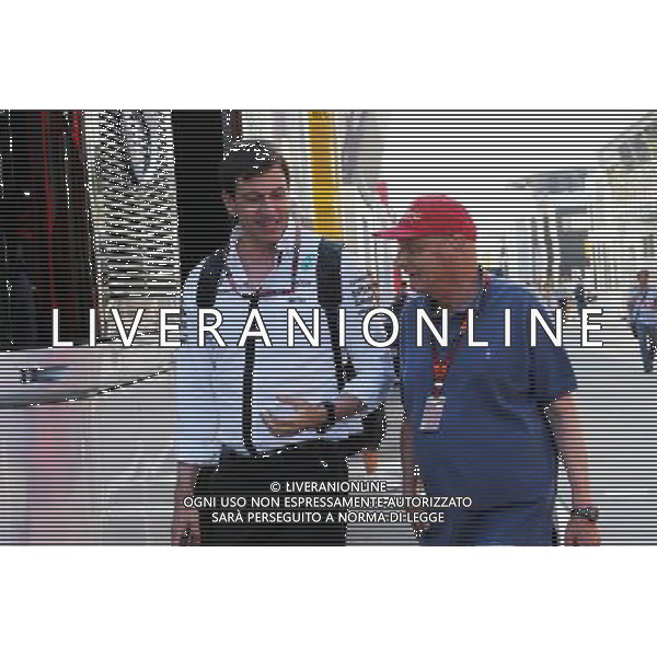 (L to R): Toto Wolff (GER) Mercedes AMG F1 Shareholder and Executive Director with Niki Lauda (AUT) Mercedes Non-Executive Chairman. 24.07.2015. Formula 1 World Championship, Rd 10, Hungarian Grand Prix, Budapest, Hungary, Practice Day. AG ALDO LIVERANI SAS ONLY ITALY