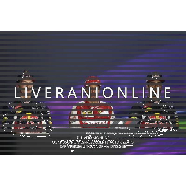 The post race FIA Press Conference (L to R): Daniil Kvyat (RUS) Red Bull Racing, second; Sebastian Vettel (GER) Ferrari, race winner; Daniel Ricciardo (AUS) Red Bull Racing, third.. 26.07.2015. Formula 1 World Championship, Rd 10, Hungarian Grand Prix, Budapest, Hungary, Race Day. AG ALDO LIVERANI SAS ONLY ITALY