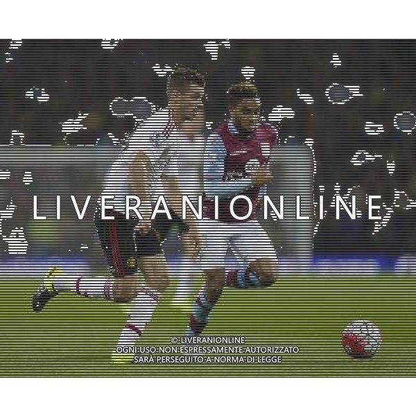 Manchester United\'s Morgan Schneiderlin takes on Aston Villa\'s Jordan Amavi Photographer Craig Mercer/CameraSport Football - Barclays Premiership - Aston Villa v Manchester United - Friday 14th August 2015 - Villa Park - Birmingham © CameraSport - 43 Linden Ave. Countesthorpe. Leicester. England. LE8 5PG - Tel: +44 (0) 116 277 4147 - admin@camerasport.com - www.camerasport.com AG ALDO LIVERANI SAS ONLY ITALY
