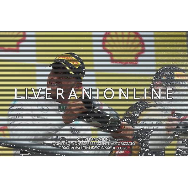Race winner Lewis Hamilton (GBR) Mercedes AMG F1 celebrates on the podium. 23.08.2015. Formula 1 World Championship, Rd 13, Belgian Grand Prix, Spa Francorchamps, Belgium, Race Day. /AGENZIA ALDO LIVERANI SAS - ITALY ONLY - EDITORIAL USE ONLY - Gp F1 Belgio Gara