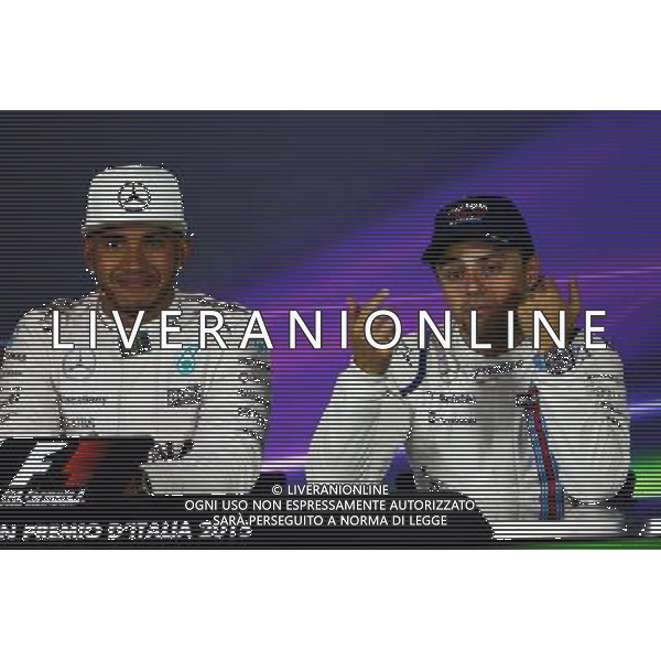 (L to R): Lewis Hamilton (GBR) Mercedes AMG F1 and Felipe Massa (BRA) Williams in the FIA Press Conference. 06.09.2015. Formula 1 World Championship, Rd 12, Italian Grand Prix, Monza, Italy, Race Day. AG ALDO LIVERANI SAS ONLY ITALY