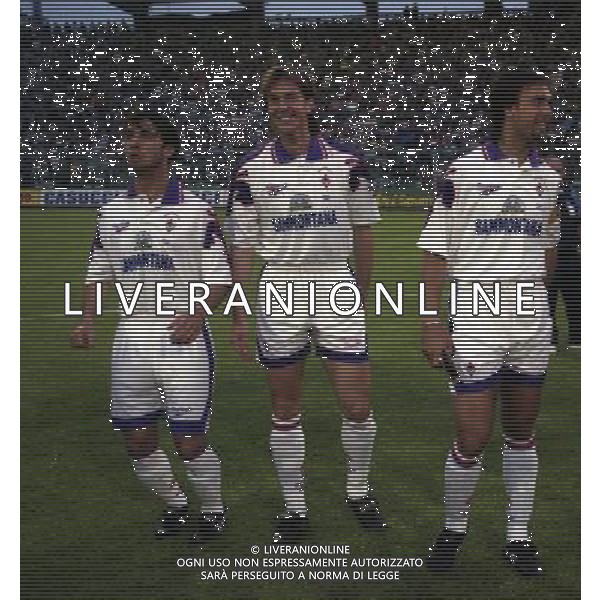 18-05-1996 BERGAMO ATALANTA FIORENTINA FINALE DI COPPA ITALIA NELLA FOTO EMILIANO BIGICA-ALBERTO MALUSCI-GABRIEL BATISTUTA AG ALDO LIVERANI SAS