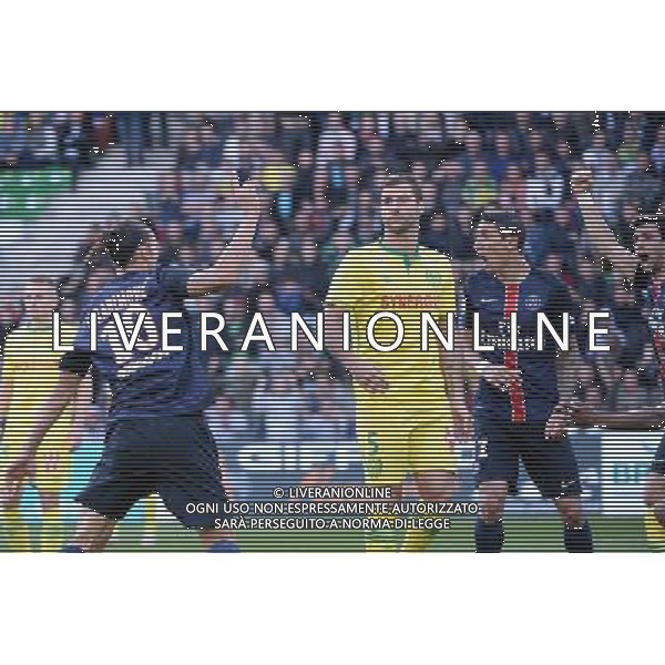 joie Zlatan IBRAHIMOVIC / Angel DI MARIA / Javier PASTORE - deception Lorik CANA - 26.09.2015 - Nantes / PSG - 8eme journee Ligue 1 Photo : Nolwenn Le Gouic / Icon Sport AG ALDO LIVERANI SAS ONLY ITALY