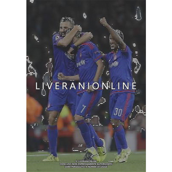 Olympiakos\' Kostas Fortounis (centre, no 7) celebrates scoring his sides second goal with team-mates Photographer Craig Mercer/CameraSport Football - UEFA Champions League Group F - Arsenal v Olympiakos - Tuesday 29th September 2015 - Emirates Stadium - London - © CameraSport - 43 Linden Ave. Countesthorpe. Leicester. England. LE8 5PG - Tel: +44 (0) 116 277 4147 - admin@camerasport.com - www.camerasport.com AG ALDO LIVERANI SAS ONLY ITALY