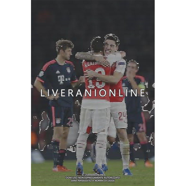 Arsenal\'s Hector Bellerin celebrates his side\'s second goal with Santi Cazorla Photographer Craig Mercer/CameraSport Football - UEFA Champions League Group F - Arsenal v Bayern Munich - Tuesday 20th October 2015 - The Emirates Stadium - London - Â© CameraSport - 43 Linden Ave. Countesthorpe. Leicester. England. LE8 5PG - Tel: +44 (0) 116 277 4147 - admin@camerasport.com - www.camerasport.com/AGENZIA ALDO LIVERANI SAS - ITALY ONLY EDITORIAL USE ONLY