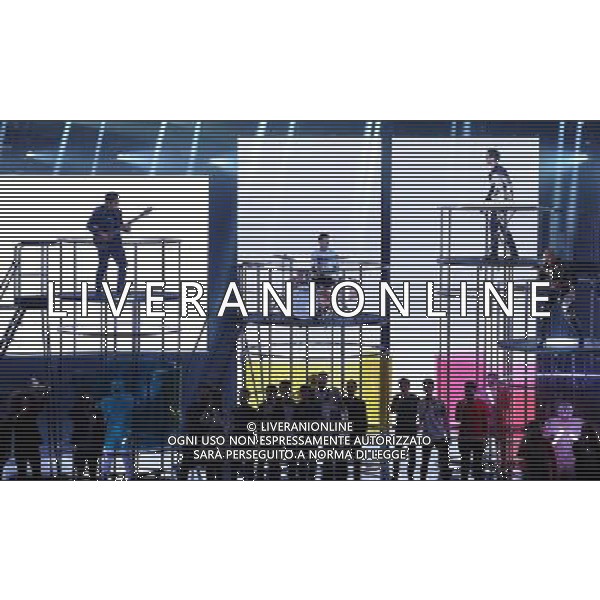 Prima puntata Live di X Factor Milano - 22.10.2015 Nella Foto:Mika, Fedez, Elio, Skin coreografia di presentazione del live /Ph.Vitez-Ag. Aldo Liverani