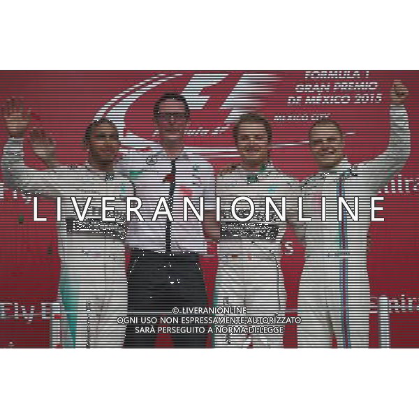 1st place Nico Rosberg (GER) Mercedes AMG F1 W06, 2nd place Lewis Hamilton (GBR) Mercedes AMG F1 W06 and 3rd place Valtteri Bottas (FIN) Williams FW37. 01.11.2015. Formula 1 World Championship, Rd 17, Mexican Grand Prix, Mexixo City, Mexico, Race Day. AG ALDO LIVERANI SAS ONLY ITALY