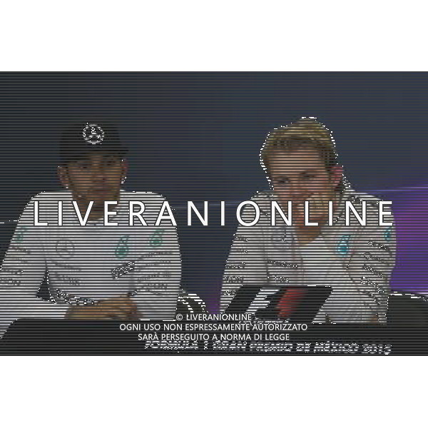 (L to R): Lewis Hamilton (GBR) Mercedes AMG F1 and race winner Nico Rosberg (GER) Mercedes AMG F1 in the post race FIA Press Conference. 01.11.2015. Formula 1 World Championship, Rd 17, Mexican Grand Prix, Mexixo City, Mexico, Race Day. AG ALDO LIVERANI SAS ONLY ITALY