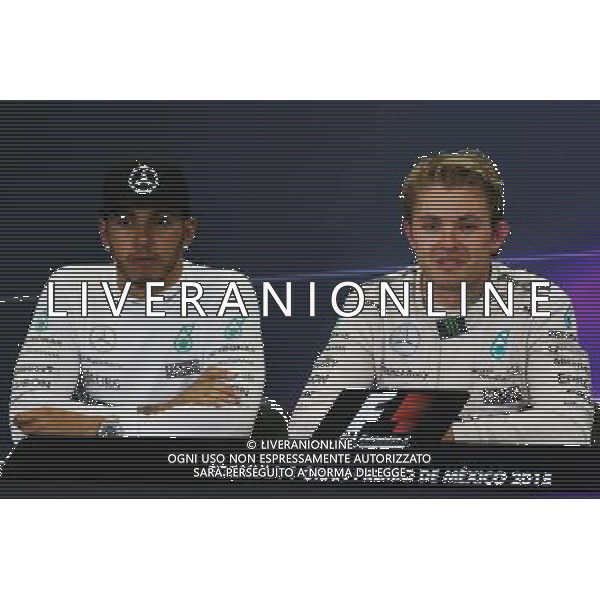 (L to R): Lewis Hamilton (GBR) Mercedes AMG F1 and race winner Nico Rosberg (GER) Mercedes AMG F1 in the post race FIA Press Conference. 01.11.2015. Formula 1 World Championship, Rd 17, Mexican Grand Prix, Mexixo City, Mexico, Race Day. AG ALDO LIVERANI SAS ONLY ITALY