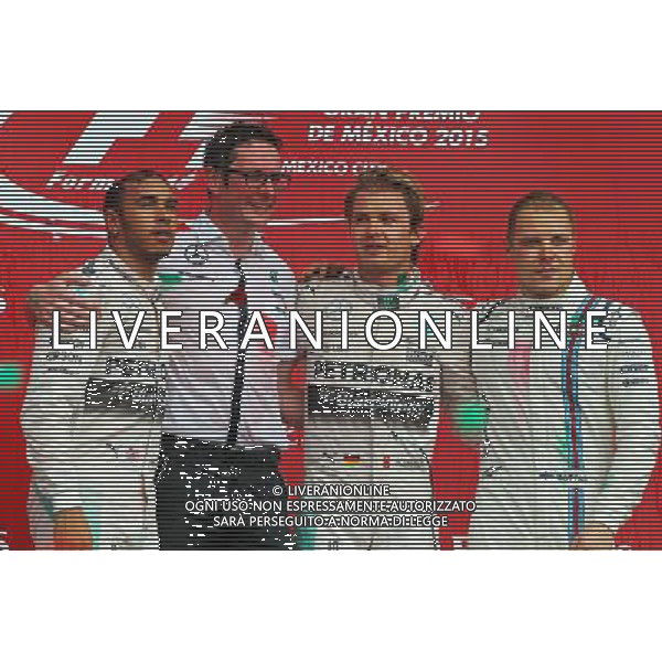 The podium (L to R): Lewis Hamilton (GBR) Mercedes AMG F1, second; Andrew Shovlin (GBR) Mercedes AMG F1 Engineer; Nico Rosberg (GER) Mercedes AMG F1, race winner; Valtteri Bottas (FIN) Williams, third. 01.11.2015. Formula 1 World Championship, Rd 17, Mexican Grand Prix, Mexixo City, Mexico, Race Day. AG ALDO LIVERANI SAS ONLY ITALY