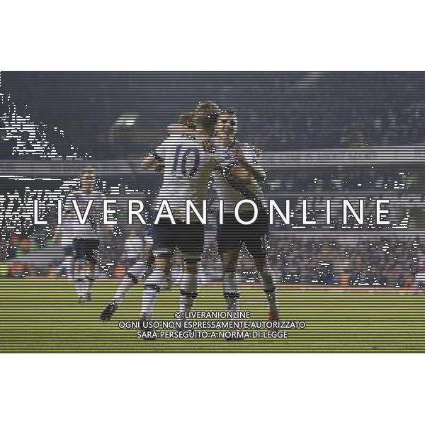 Tottenham Hotspur\'s Harry Kane celebrates with Tottenham Hotspur\'s Erik Lamela after scoring his sides third goal Photographer Craig Mercer/CameraSport Football - Barclays Premiership - Tottenham Hotspur v Aston Villa - Monday 2nd November 2015 - White Hart Lane - London © CameraSport - 43 Linden Ave. Countesthorpe. Leicester. England. LE8 5PG - Tel: +44 (0) 116 277 4147 - admin@camerasport.com - www.camerasport.com /AGENZIA ALDO LIVERANI SAS - italy only editorial use only