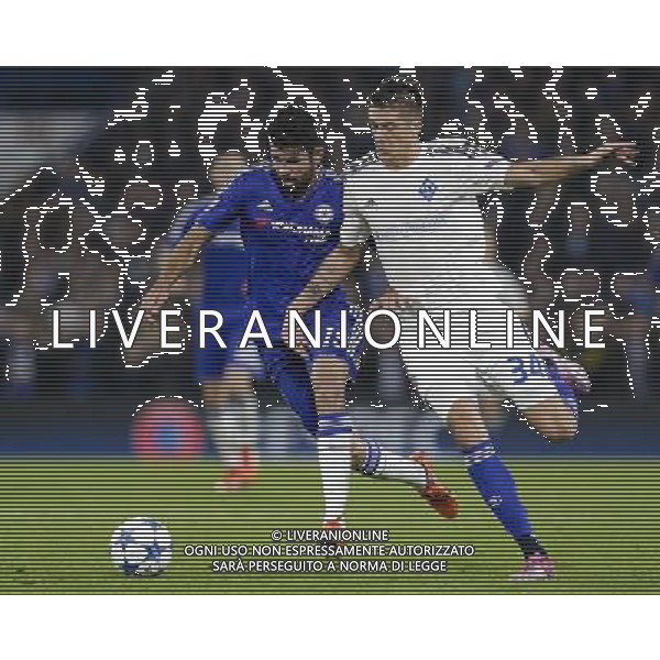Chelsea\'s Diego Costa vies for possession with Dynamo Kyiv\'s Yevhen Khacheridi Photographer Craig Mercer/CameraSport Football - UEFA Champions League Group G - Chelsea v Dynamo Kiev - Wednesday 4th November 2015 - Stamford Bridge - London - © CameraSport - 43 Linden Ave. Countesthorpe. Leicester. England. LE8 5PG - Tel: +44 (0) 116 277 4147 - admin@camerasport.com - www.camerasport.com /Agenzia Aldo Liverani S.a.s. - ITALY ONLY EDITORIAL USE ONLY