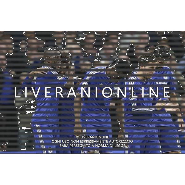 Chelsea\'s Willian celebrates with team mates after scoring his sides second goal Photographer Craig Mercer/CameraSport Football - UEFA Champions League Group G - Chelsea v Dynamo Kiev - Wednesday 4th November 2015 - Stamford Bridge - London - Â© CameraSport - 43 Linden Ave. Countesthorpe. Leicester. England. LE8 5PG - Tel: +44 (0) 116 277 4147 - admin@camerasport.com - www.camerasport.com /Agenzia Aldo Liverani S.a.s. - ITALY ONLY EDITORIAL USE ONLY