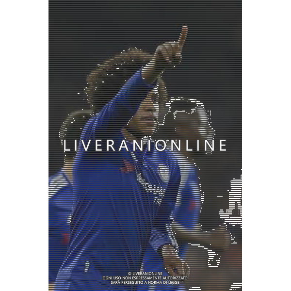 Chelsea\'s Willian celebrates scoring his sides second goal Photographer Craig Mercer/CameraSport Football - UEFA Champions League Group G - Chelsea v Dynamo Kiev - Wednesday 4th November 2015 - Stamford Bridge - London - Â© CameraSport - 43 Linden Ave. Countesthorpe. Leicester. England. LE8 5PG - Tel: +44 (0) 116 277 4147 - admin@camerasport.com - www.camerasport.com /Agenzia Aldo Liverani S.a.s. - ITALY ONLY EDITORIAL USE ONLY