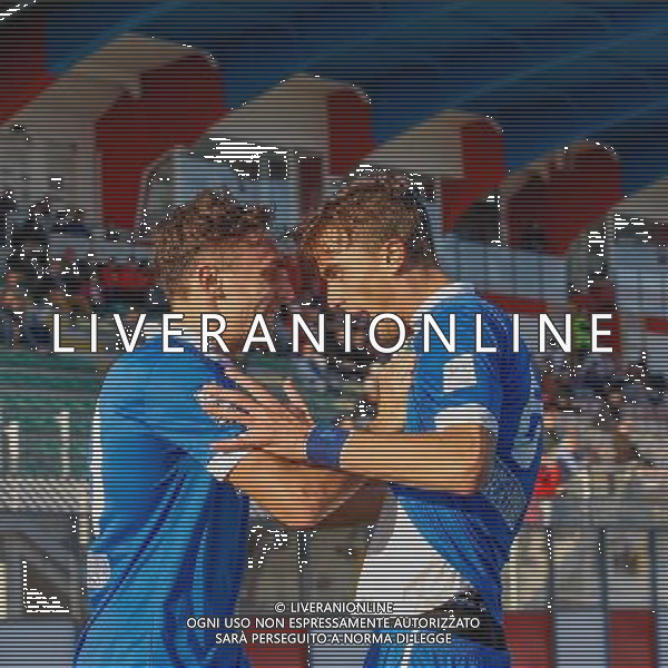 Lega Pro Girone B, Rimini vs Prato del 08/11/2015, nella foto Alessandro Capello festeggia il goal con Filippo Boni , ©Claudio Zamagni/ Agenzia Aldo Liverani s.a.s.