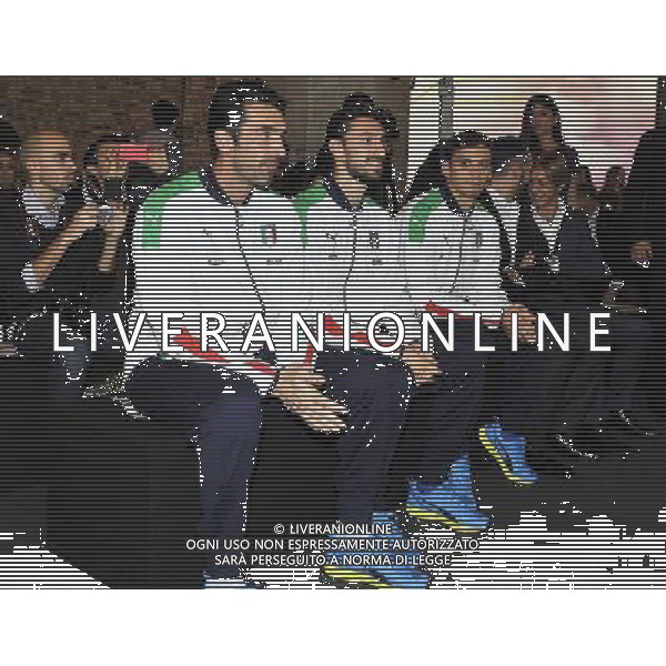 Presentazione della nuova maglia PUMA della Nazionale Italiana di Calcio Firenze - 09.11.2015 Nella Foto:Gianluigi Buffon, Davide Astori e Manolo Gabbiadini /Ag. Aldo Liverani