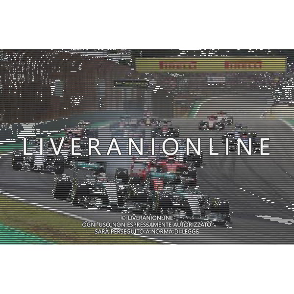 Nico Rosberg (GER) Mercedes AMG F1 W06 (Right) leads team mate Lewis Hamilton (GBR) Mercedes AMG F1 W06 at the start of the race. 15.11.2015. Formula 1 World Championship, Rd 18, Brazilian Grand Prix, Sao Paulo, Brazil, Race Day. AG ALDO LIVERANI SAS ONLY ITALY