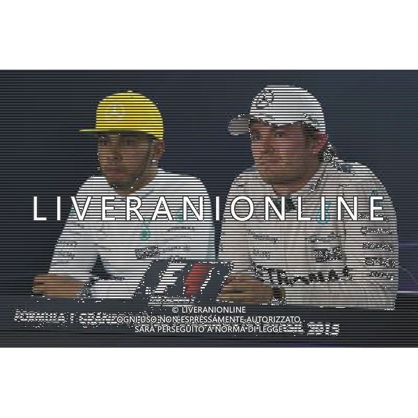 (L to R): Lewis Hamilton (GBR) Mercedes AMG F1 and team mate Nico Rosberg (GER) Mercedes AMG F1 in the FIA Press Conference. 15.11.2015. Formula 1 World Championship, Rd 18, Brazilian Grand Prix, Sao Paulo, Brazil, Race Day. /AGENZIA ALDO LIVERANI Sas - ITALY ONLY - EDITORIAL USE ONLY - GP BRASILE F1 SAN PAOLO