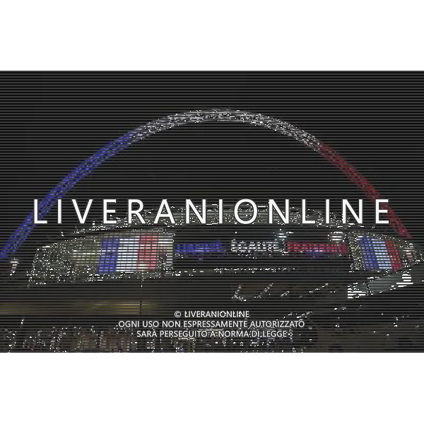 Wembley Stadium, home of England football, is illuminated in the colours of the French flag Photographer Craig Mercer/CameraSport Football International - England v France - Tuesday 17th November 2015 - Wembley Stadium - London © CameraSport - 43 Linden Ave. Countesthorpe. Leicester. England. LE8 5PG - Tel: +44 (0) 116 277 4147 - admin@camerasport.com - www.camerasport.com / AGENZIA ALDO LIVERANI SAS - ITALY ONLY EDITORIAL USE ONLY - Inghilterra Vs Francia partita amichevole