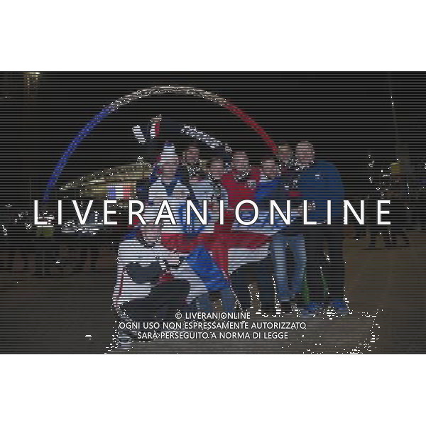 French fans pose for a photo outside an illuminated Wembley Stadium, home of England football Photographer Craig Mercer/CameraSport Football International - England v France - Tuesday 17th November 2015 - Wembley Stadium - London © CameraSport - 43 Linden Ave. Countesthorpe. Leicester. England. LE8 5PG - Tel: +44 (0) 116 277 4147 - admin@camerasport.com - www.camerasport.com / AGENZIA ALDO LIVERANI SAS - ITALY ONLY EDITORIAL USE ONLY - Inghilterra Vs Francia partita amichevole