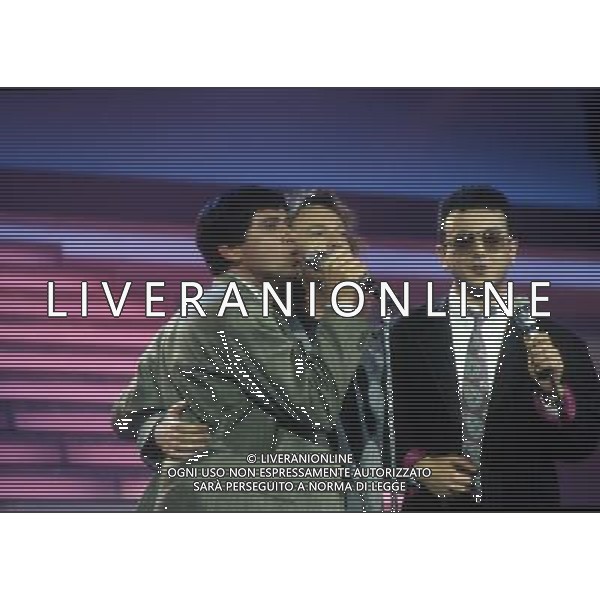 1987 SANREMO-FESTIVAL DELLA CANZONE ITALIANA NELLA FOTO UMBERTO TOZZI-GIANNI MORANDI -ENRICO RUGGERI VINCONO IL FESTIVAL DI SANREMO AG ALDO LIVERANI SAS