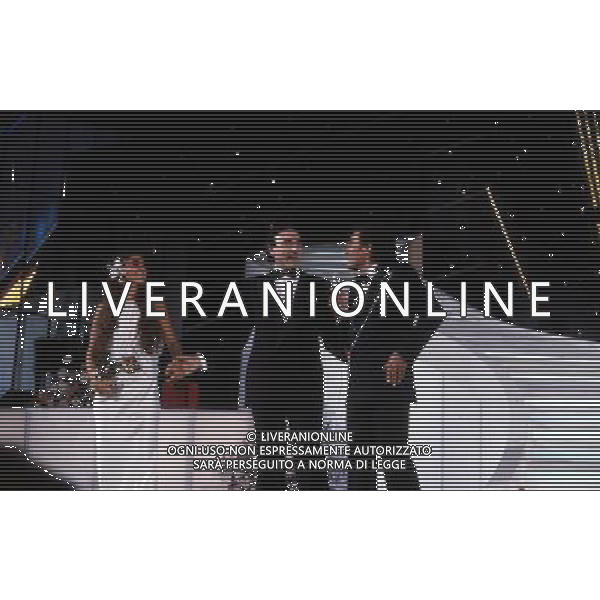 Teatro Ariston di Sanremo 34mo Festival della Canzone Italiana - 1984 nella foto Al Bano Carrisi e Romina Power vincitori con la canzone \' Ci Sara\' \' con Pippo Baudo ©Agenzia Aldo Liverani Sas