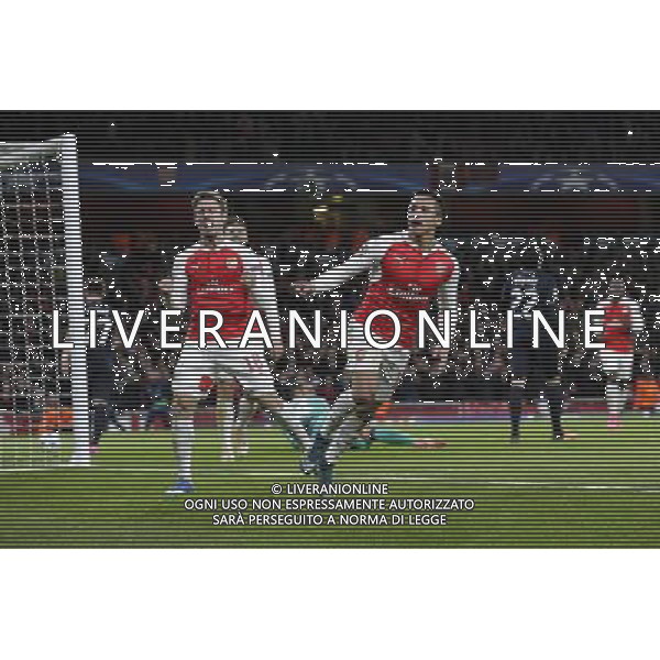 GOAL CELEBRATION - Arsenal\'s Alexis Sanchez celebrates scoring his sides second goal with Arsenal\'s Nacho Monreal Photographer Craig Mercer/CameraSport Football - UEFA Champions League Group F - Arsenal v Dinamo Zagreb - Tuesday 24th November 2015 - Emirates Stadium - London © CameraSport - 43 Linden Ave. Countesthorpe. Leicester. England. LE8 5PG - Tel: +44 (0) 116 277 4147 - admin@camerasport.com - www.camerasport.com AG ALDO LIVERANI SAS ONLY ITALY