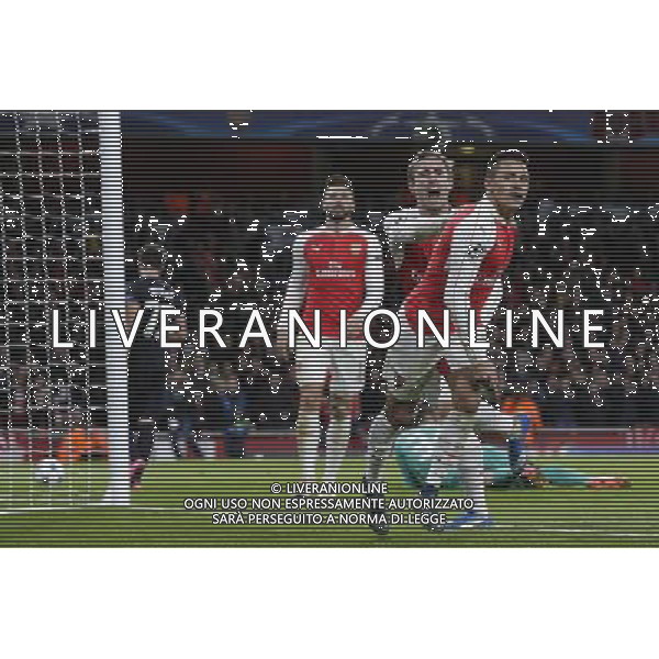 GOAL CELEBRATION - Arsenal\'s Alexis Sanchez celebrates scoring his sides second goal with Arsenal\'s Nacho Monreal Photographer Craig Mercer/CameraSport Football - UEFA Champions League Group F - Arsenal v Dinamo Zagreb - Tuesday 24th November 2015 - Emirates Stadium - London © CameraSport - 43 Linden Ave. Countesthorpe. Leicester. England. LE8 5PG - Tel: +44 (0) 116 277 4147 - admin@camerasport.com - www.camerasport.com AG ALDO LIVERANI SAS ONLY ITALY